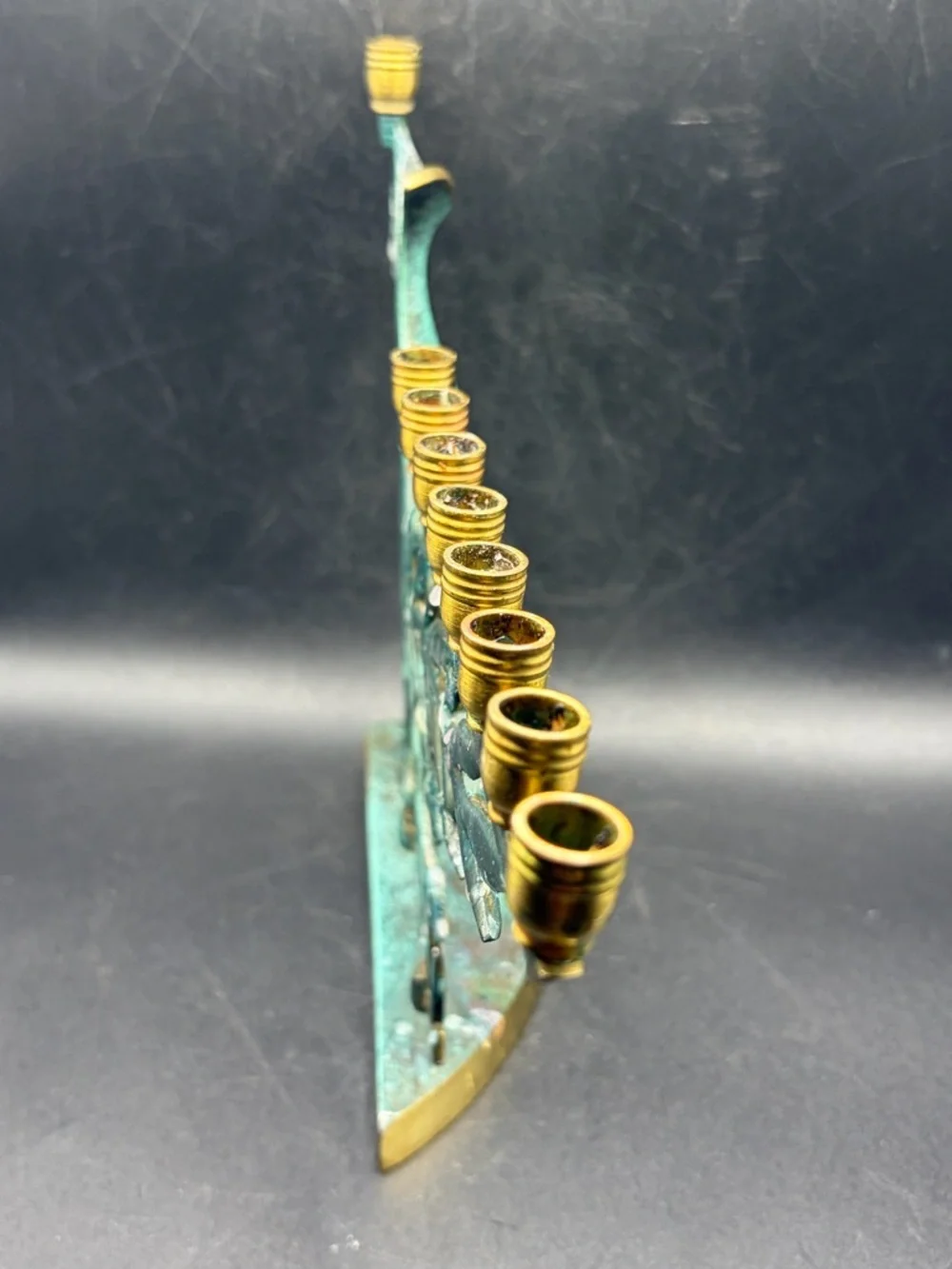 Vintage MCM Israeli Brass &Enamel Hanukkah Menorah Judaica Chanuka Candle Holder